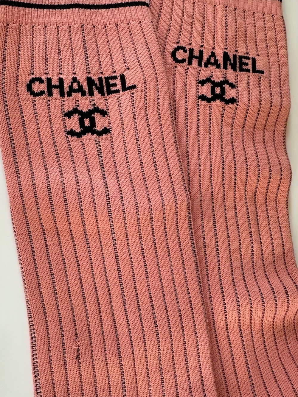 CHANEL Dusty Pink Ribbed Logo Socks with Black Accents